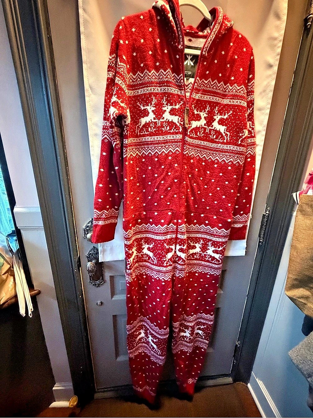 OnePiece Fair Isle Reindeer Hooded Jumpsuit Red & White